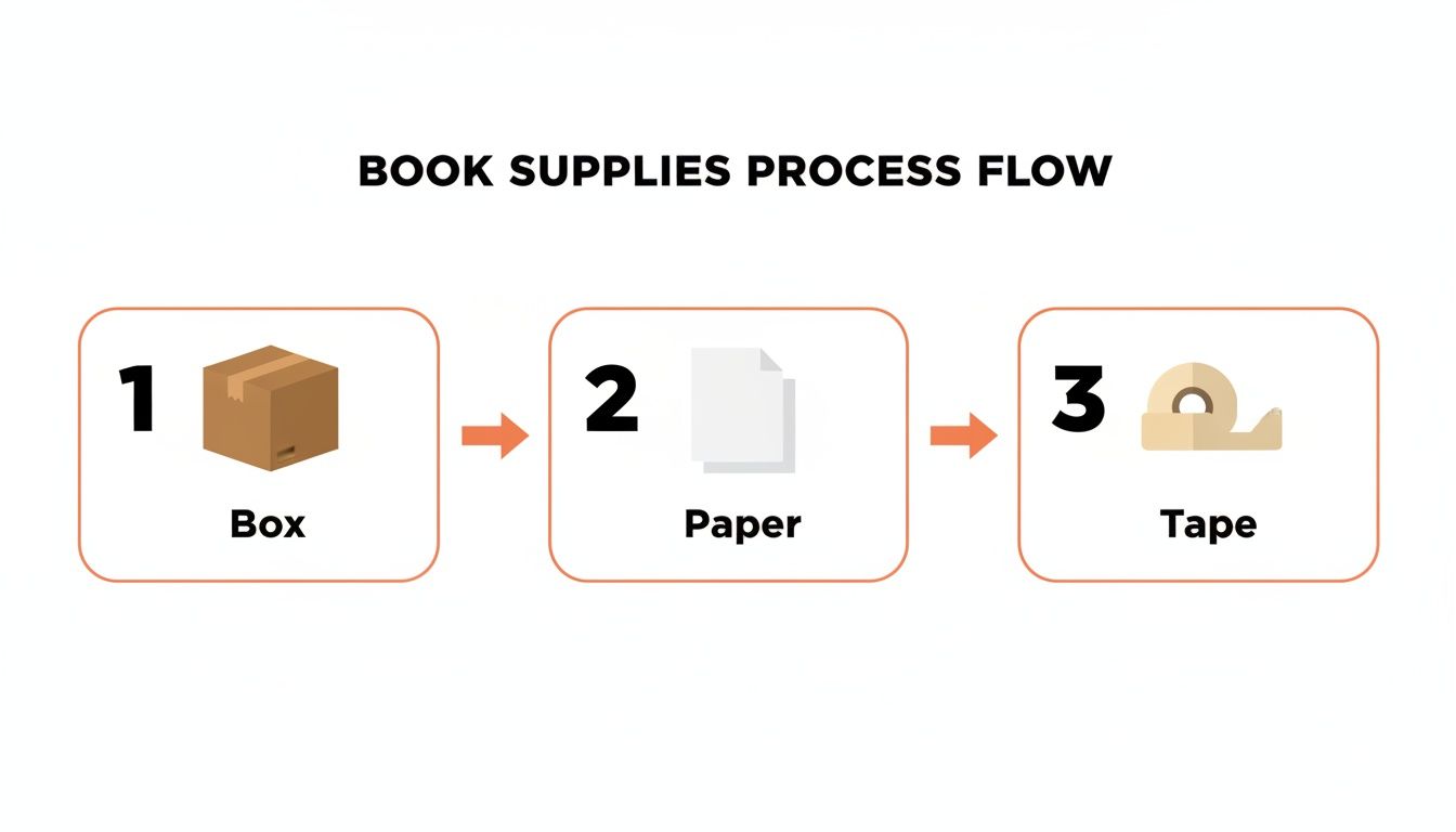 Infographic detailing the process flow for packing books: 1. Box, 2. Paper, 3. Tape.