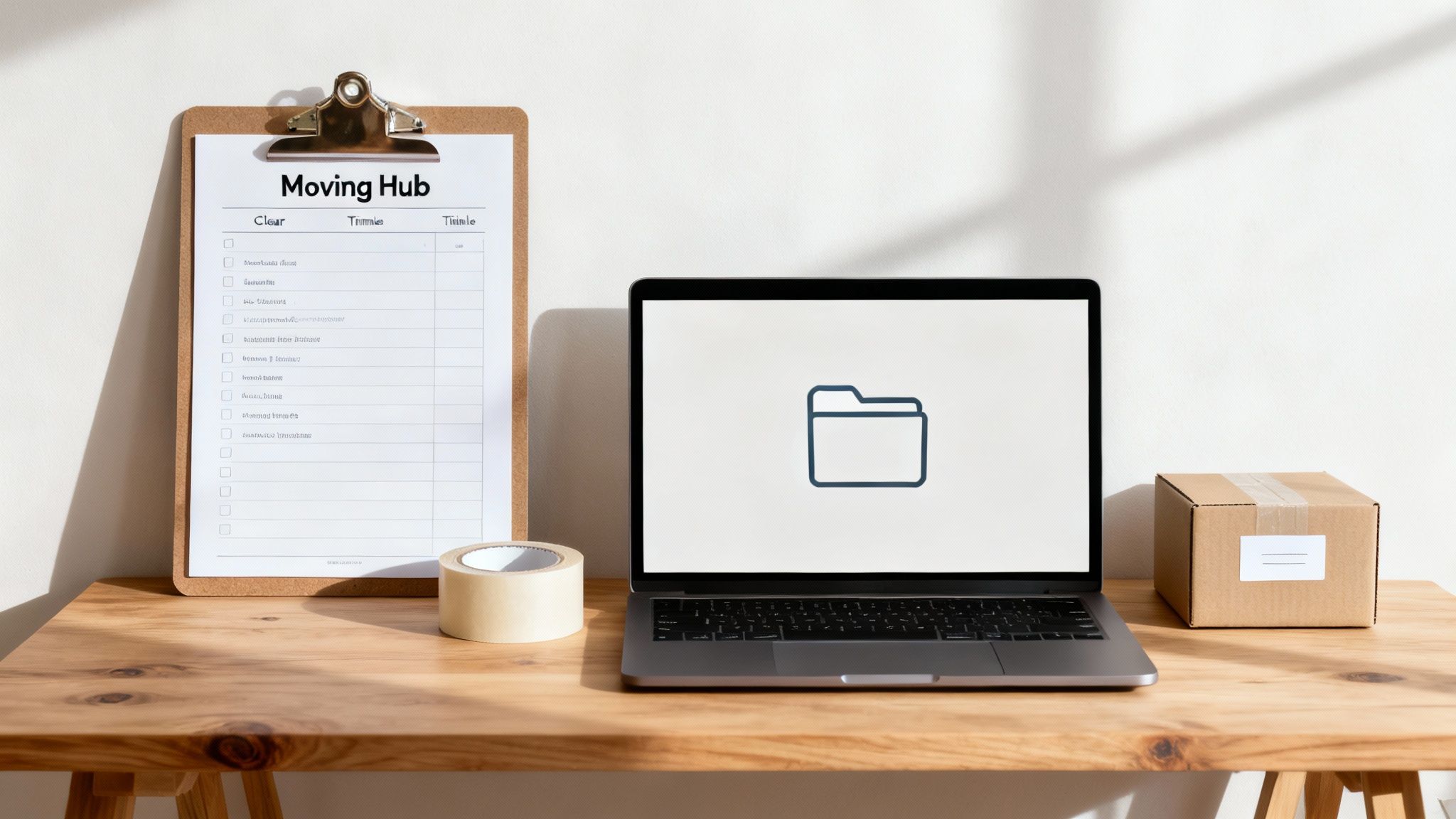 A wooden desk featuring a moving checklist, packing tape, a laptop with a folder icon, and a cardboard box.