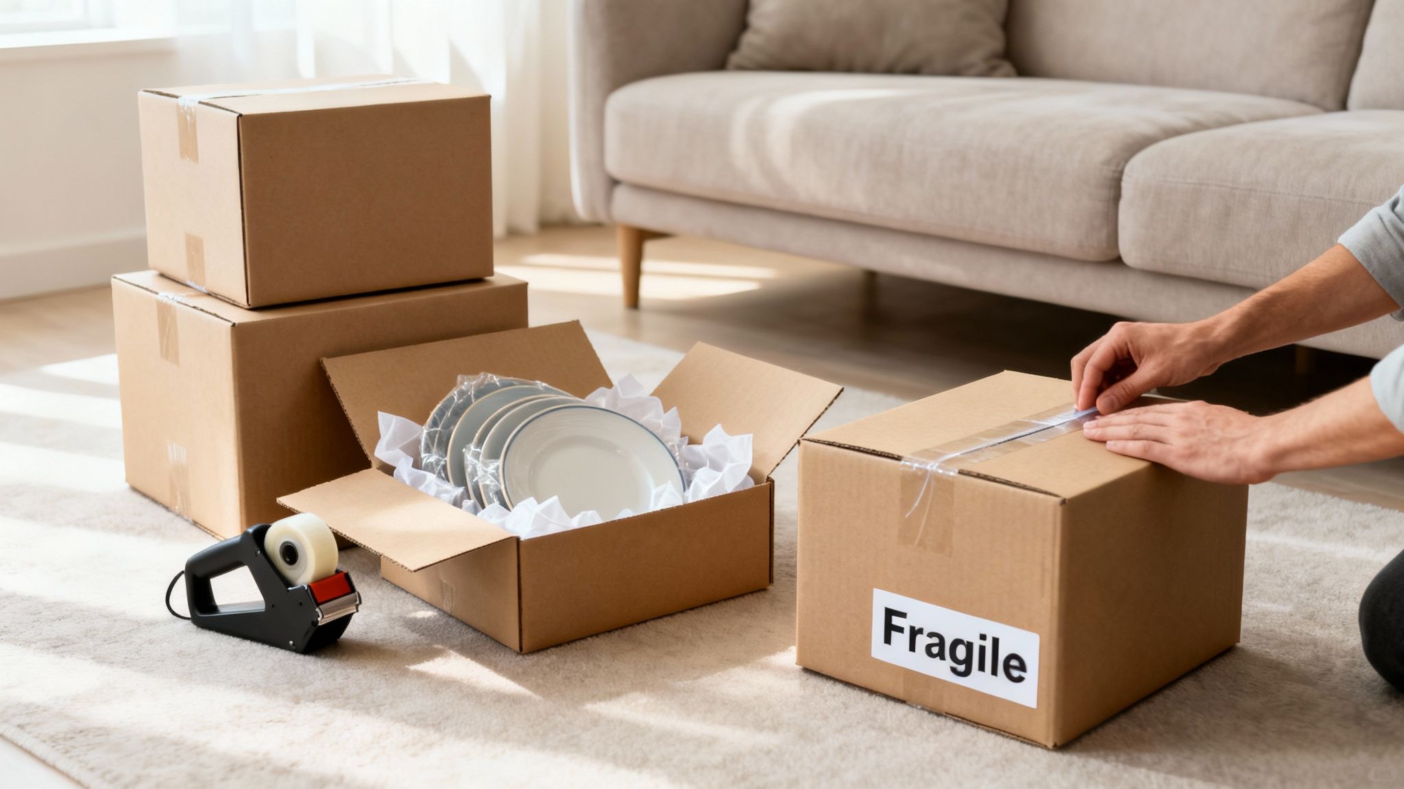 A person taping a cardboard box labeled 'Fragile' while packing dishes for moving house.