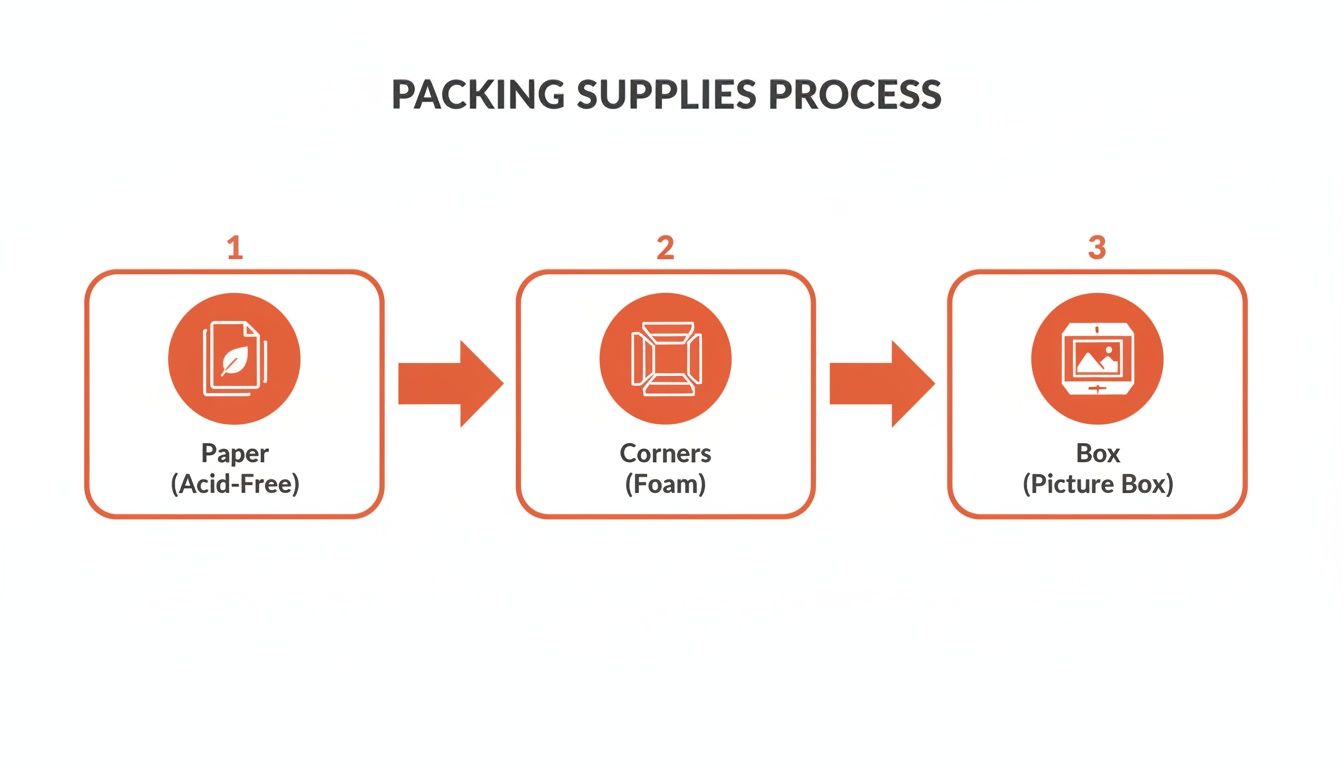 Diagram illustrating a three-step packing process: acid-free paper, foam corners, and a picture box.