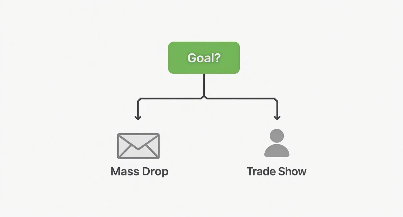 A simple flowchart illustrating a goal branching into options: mass drop or trade show.