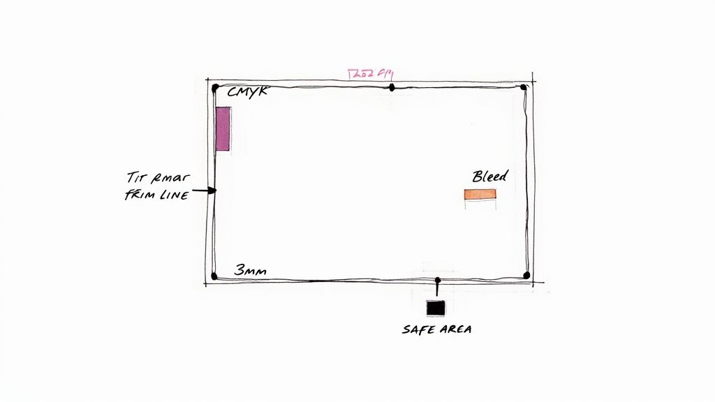 Hand-drawn diagram detailing print layout, showing trim line, bleed, CMYK, and safe area for design.