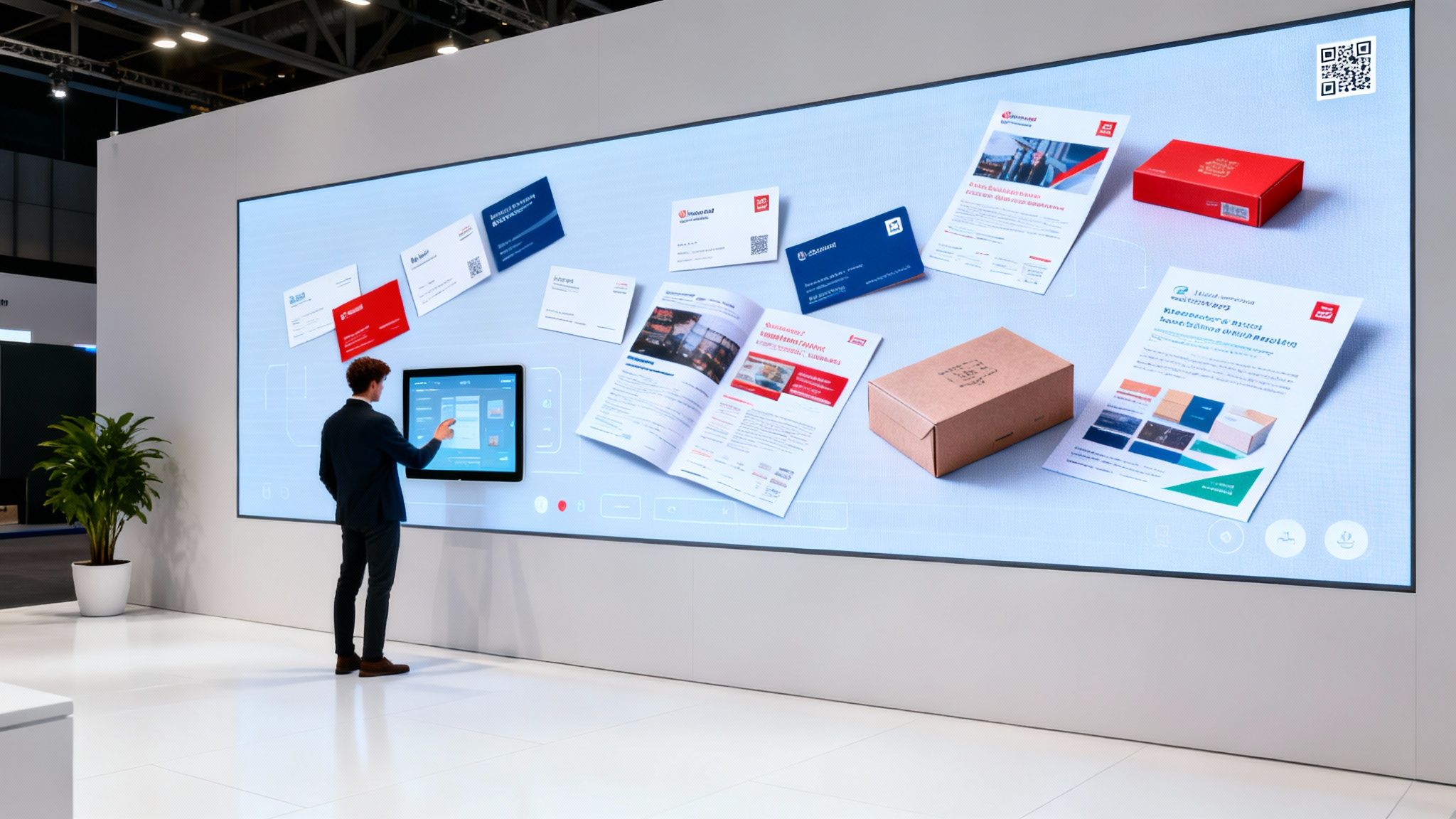 A man interacts with a large interactive digital display showcasing business cards, brochures, and packages at a trade show.