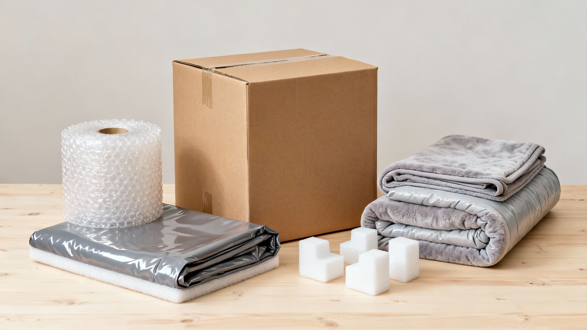 A brown cardboard box surrounded by various packing supplies on a light wooden table.