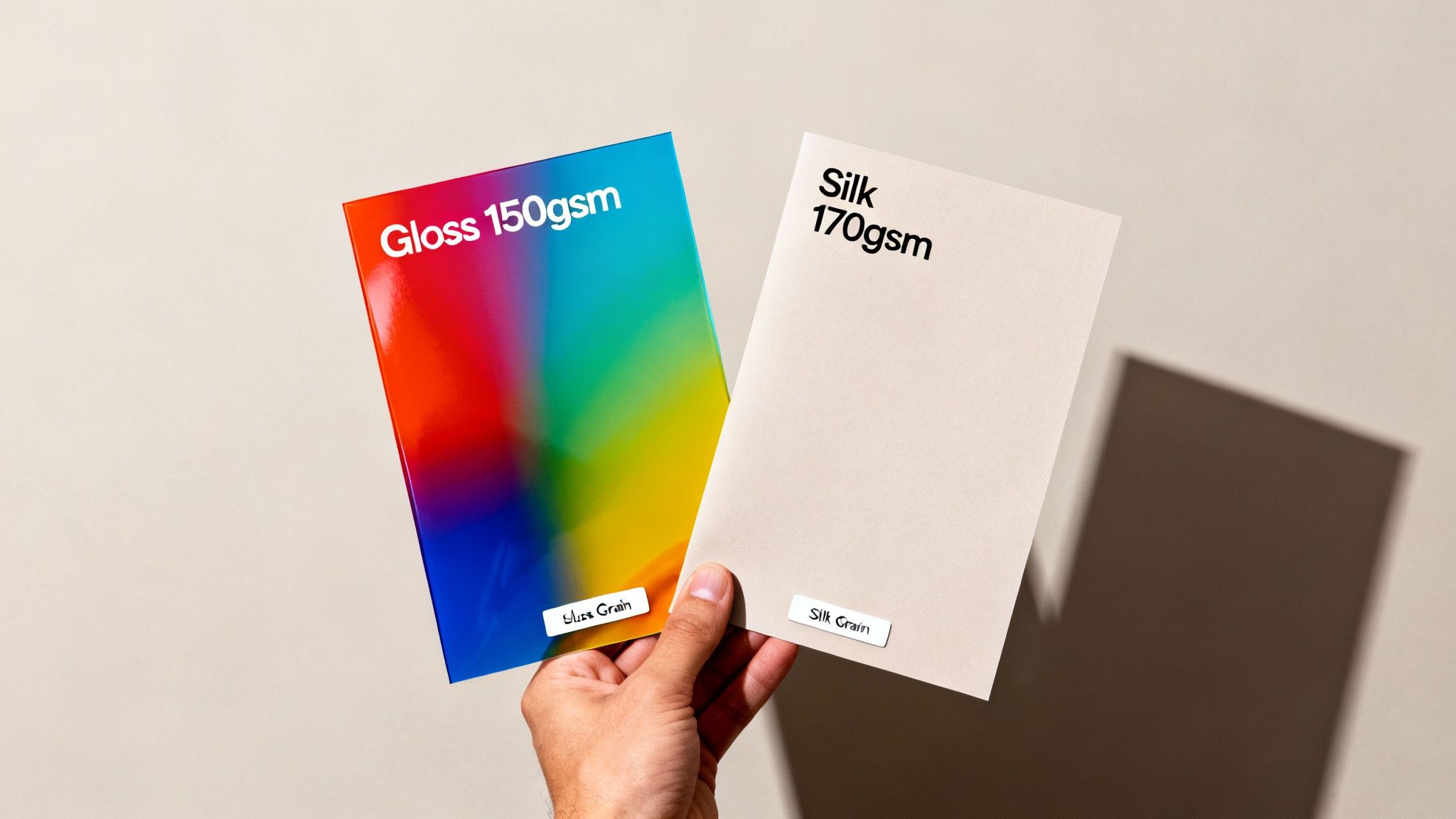 A hand holds two paper samples: Gloss 150gsm with a colorful design and Silk 170gsm.