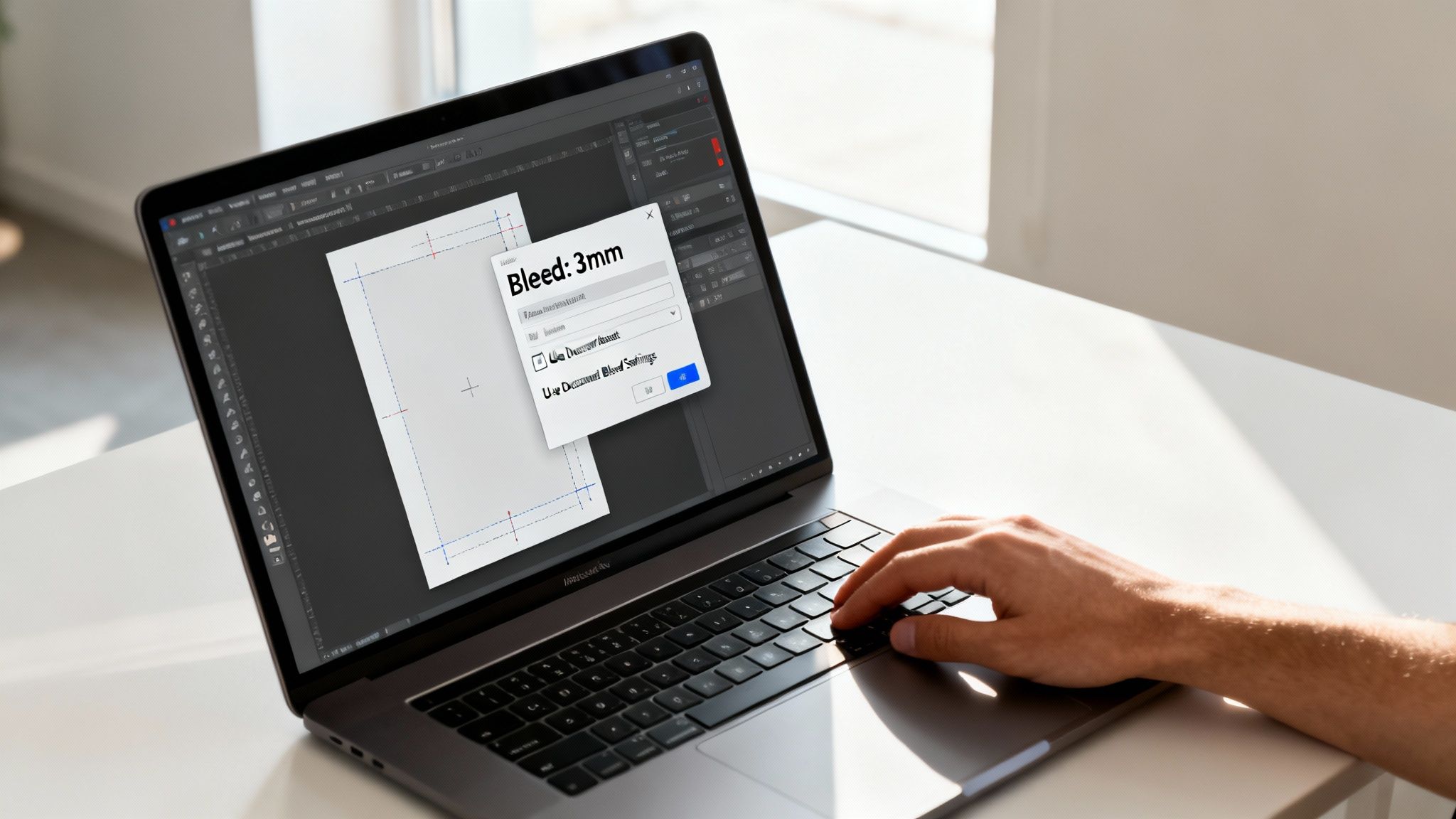 A person's hand typing on a laptop showing design software with 'Bleed: 3mm' settings.