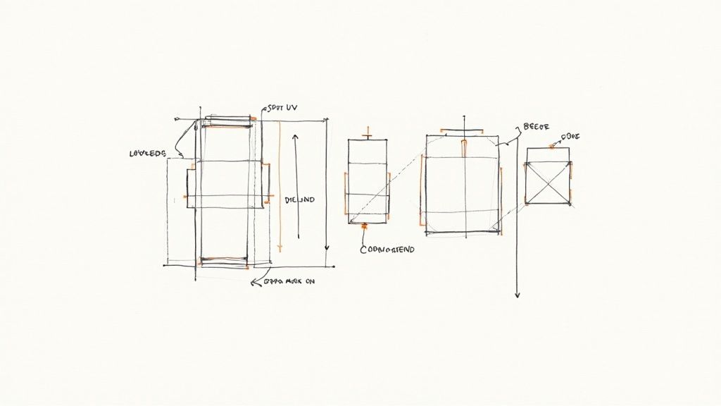 A designer reviewing a print proof with a magnifying glass to check details.