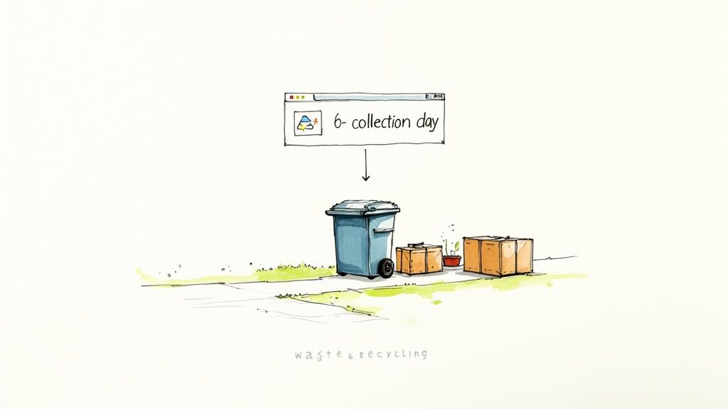 Illustration showing recycling bin and cardboard boxes on curb awaiting collection day pickup