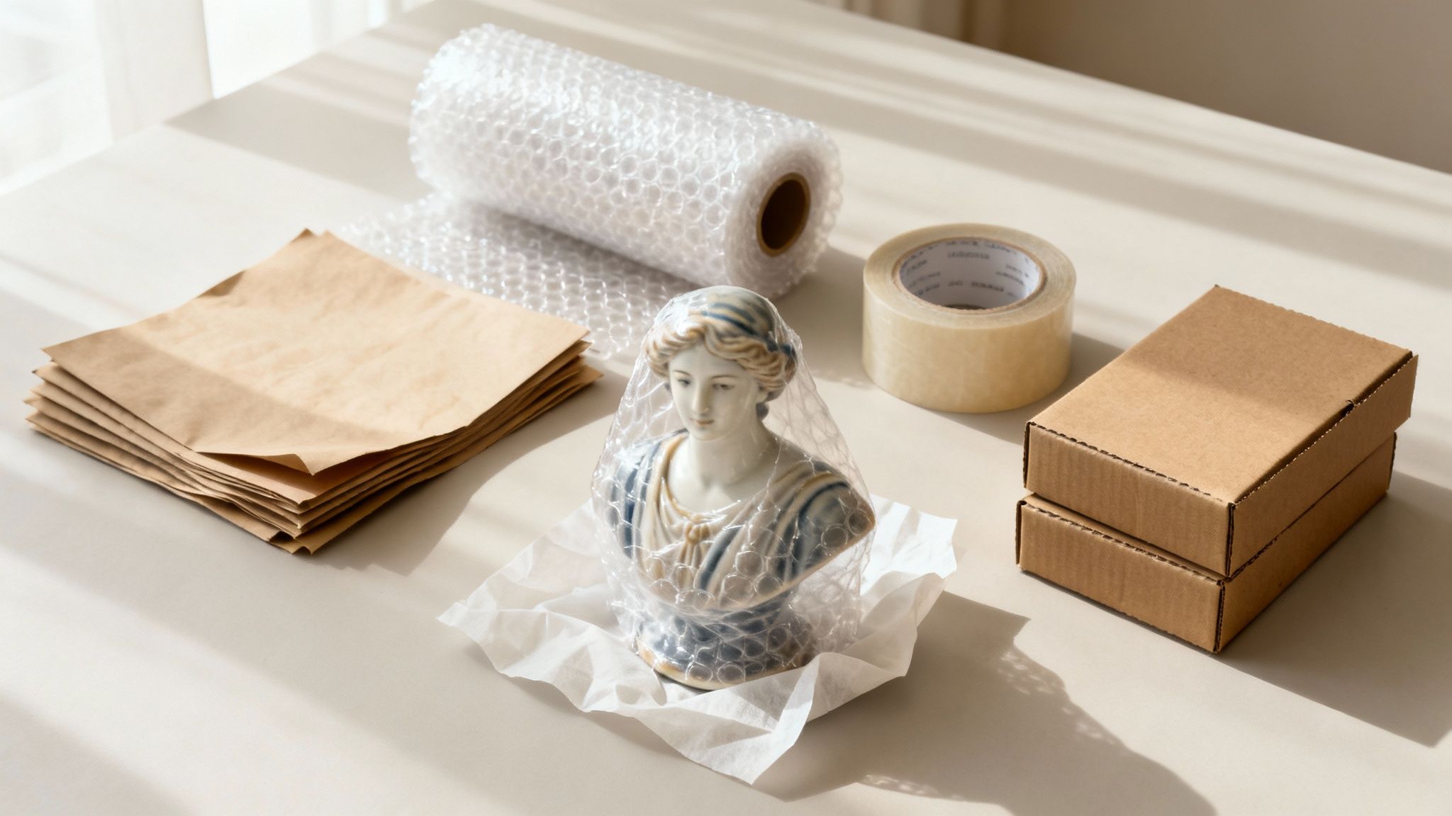 Table with shipping supplies: bubble wrap, tape, cardboard boxes, brown paper, and a wrapped bust.