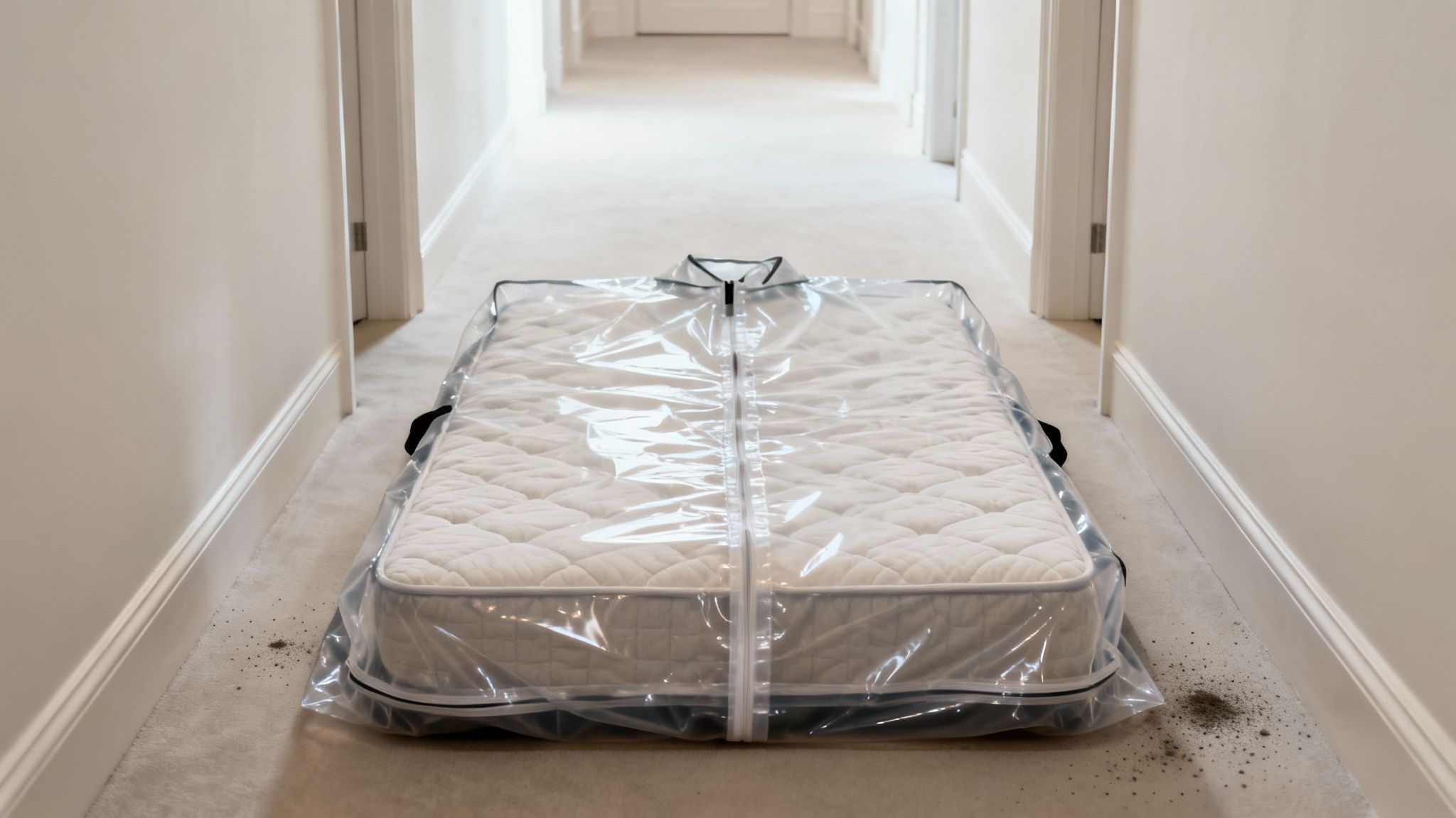 White mattress in a clear zippered storage cover on a dirty carpeted hallway floor.
