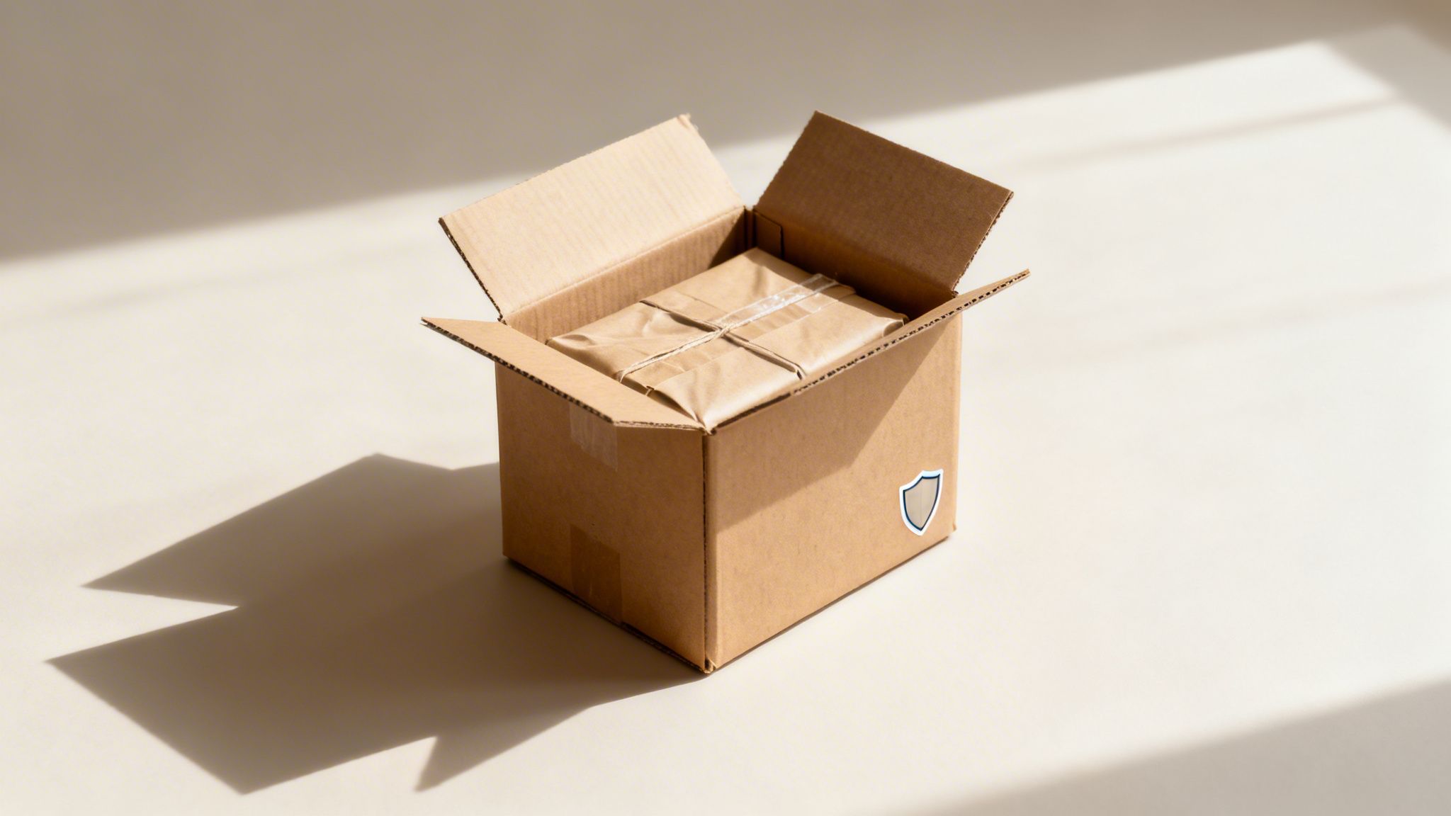 An open brown cardboard box containing a carefully wrapped parcel on a light surface with shadows.