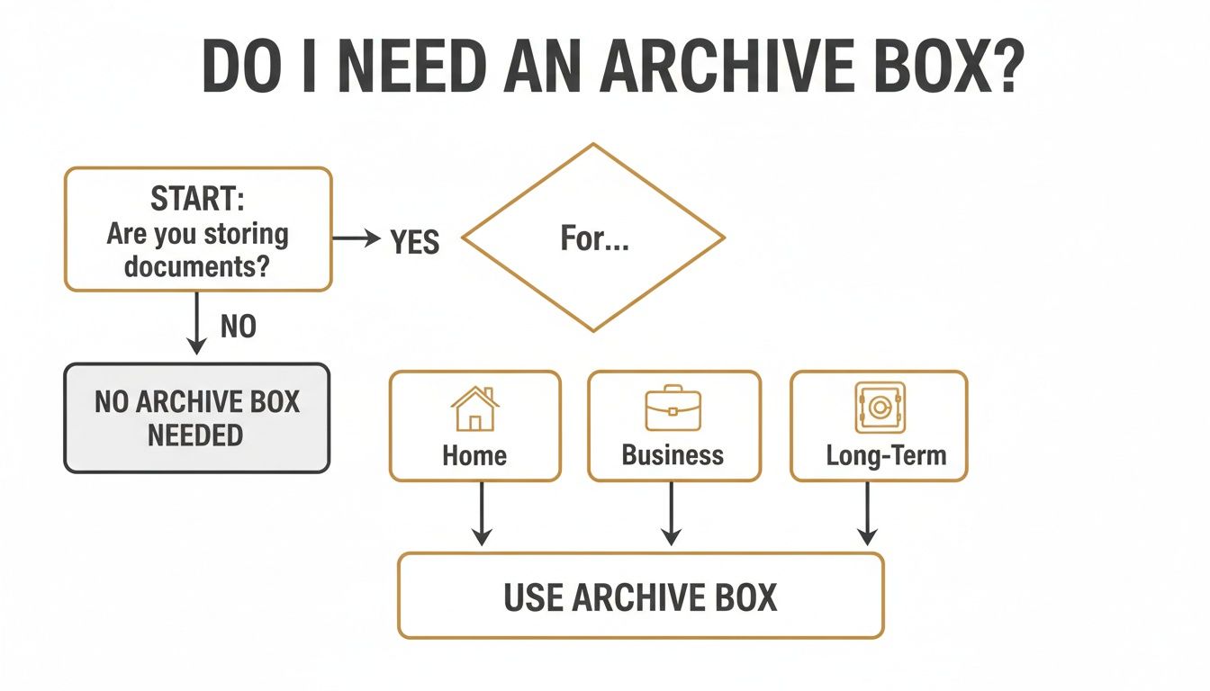 Flowchart titled 'Do I need an archive box?', guiding users based on storing documents for home, business, or long-term.