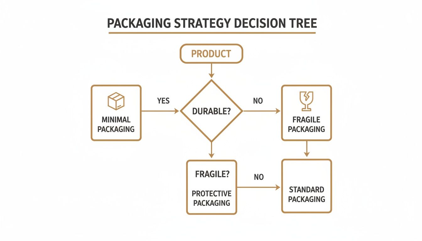 Flowchart showing a packaging strategy decision tree for products, categorizing into minimal, fragile, protective, or standard packaging.
