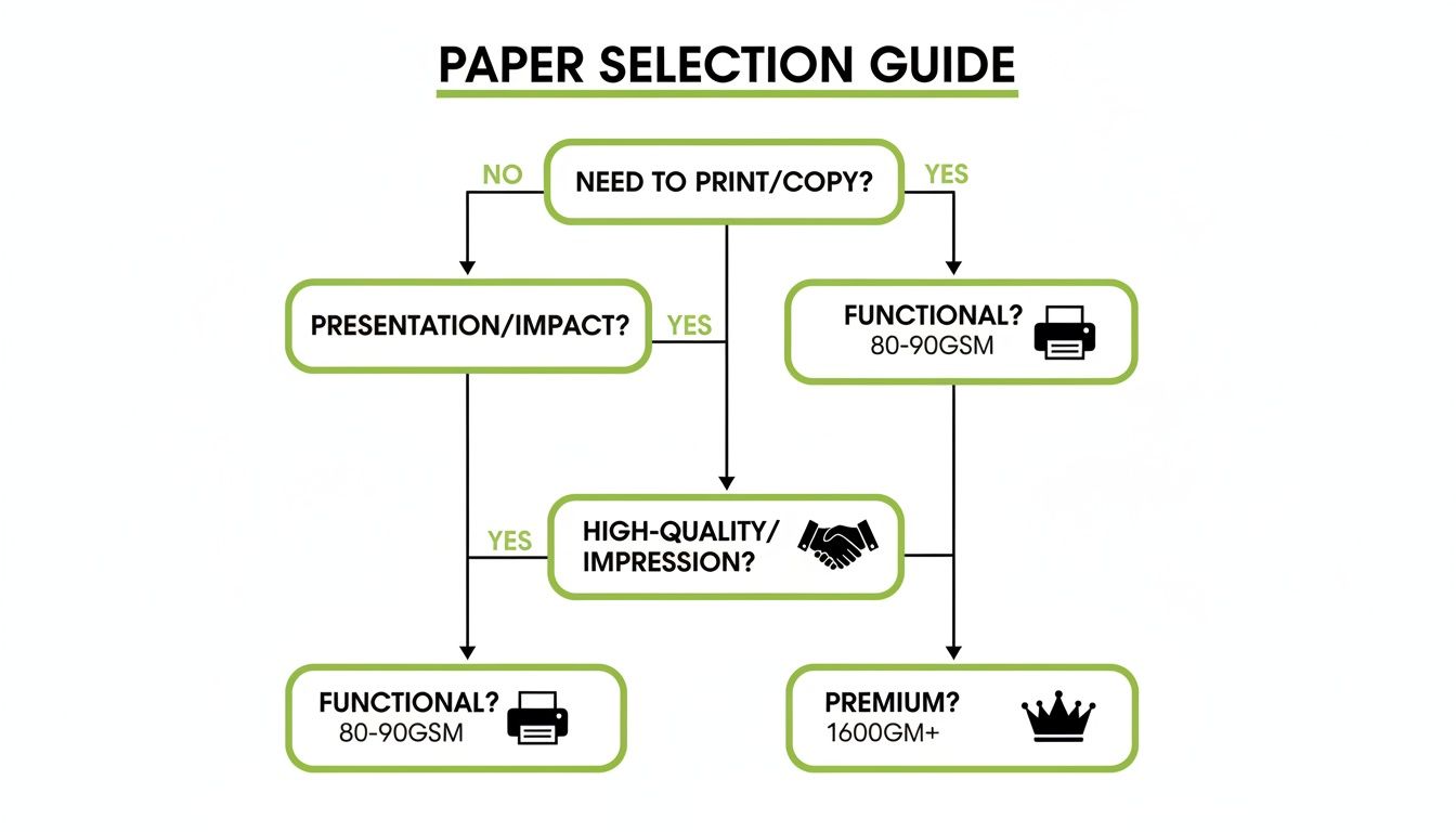 A paper selection guide flowchart illustrating choices for printing, presentation, impact, and quality.