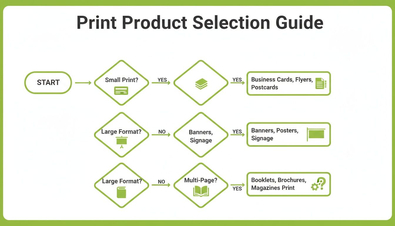Flowchart guiding print product selection based on size and page count, featuring various print items.