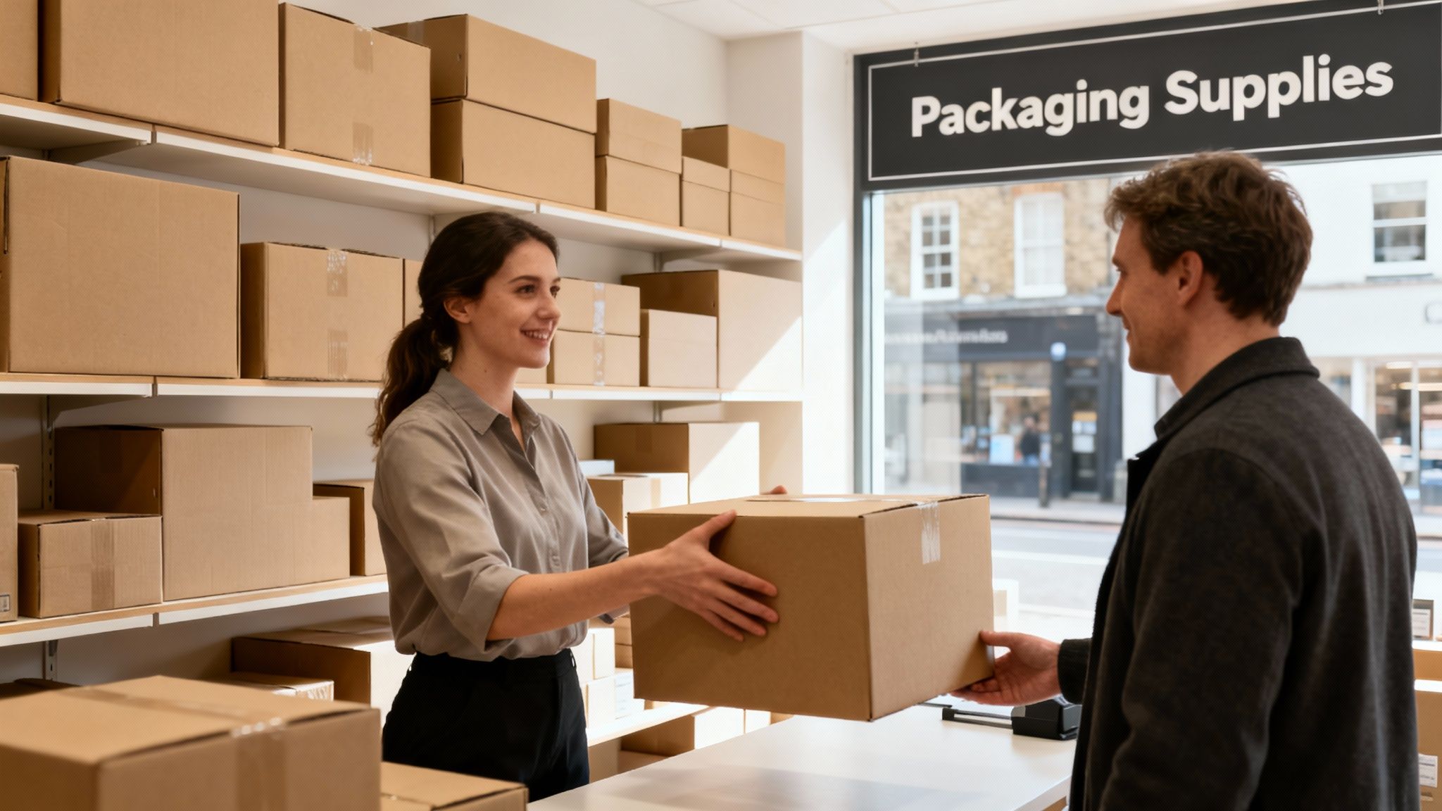 A smiling woman hands a brown cardboard box to a man in a packaging supplies store.