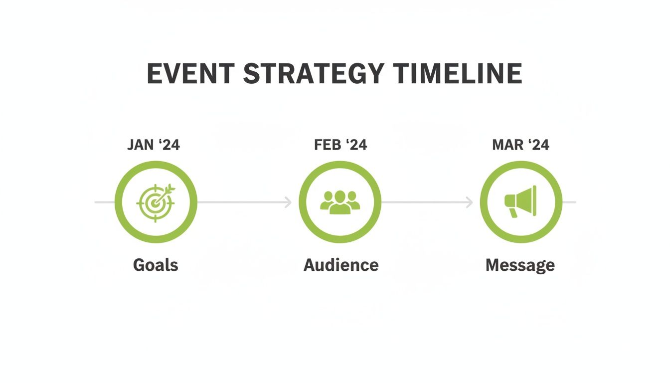 Event strategy timeline showing goals for January, audience for February, and message for March 2024.