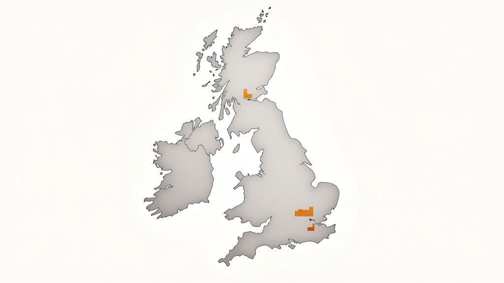 A grey map of the UK with three orange markers highlighting specific locations in England and Scotland.