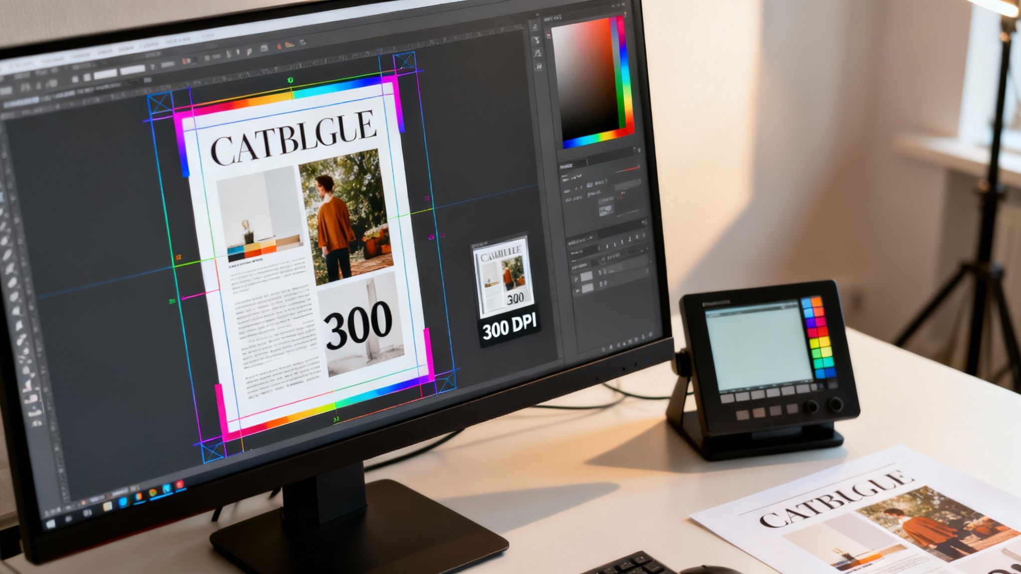 A computer screen displays graphic design software editing a catalogue layout, with a physical printout.