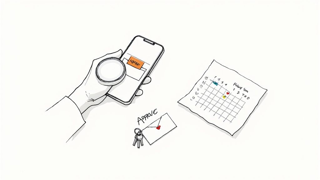 A hand holding a smartphone showing 'Approve', alongside a calendar, envelope, and keys.