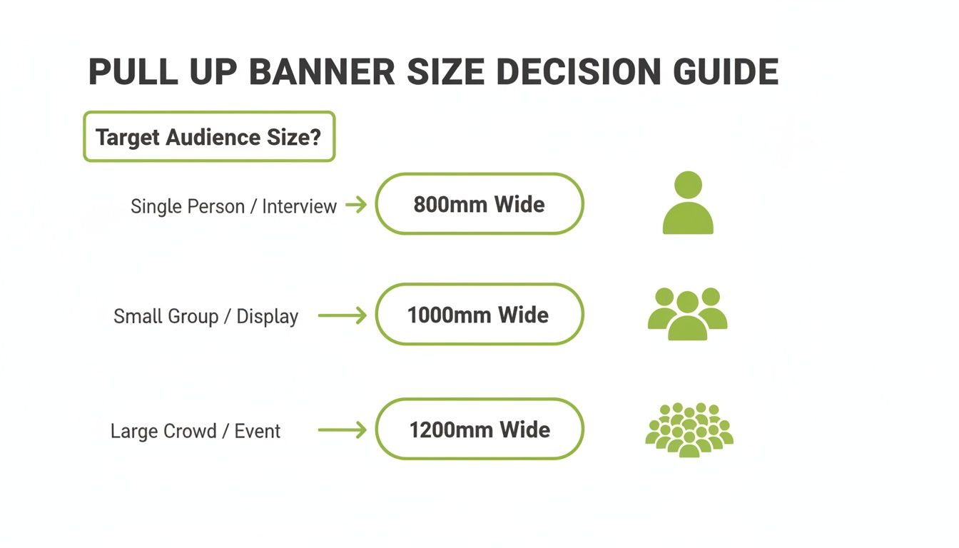 Decision guide for pull up banner sizes based on target audience: single person, small group, or large crowd.