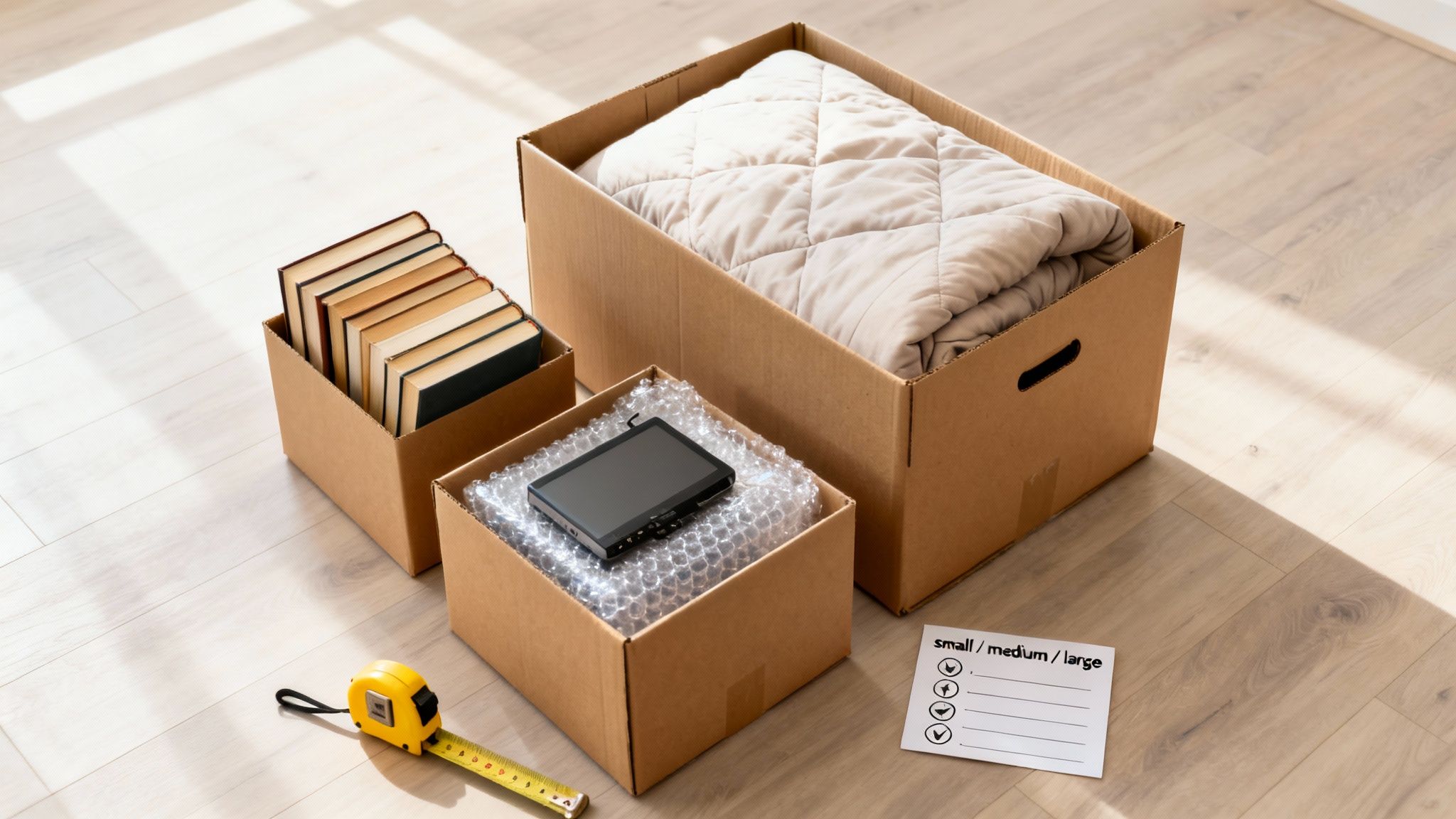Cardboard moving boxes filled with books, a blanket, and a tablet on a wooden floor, with a tape measure and checklist.