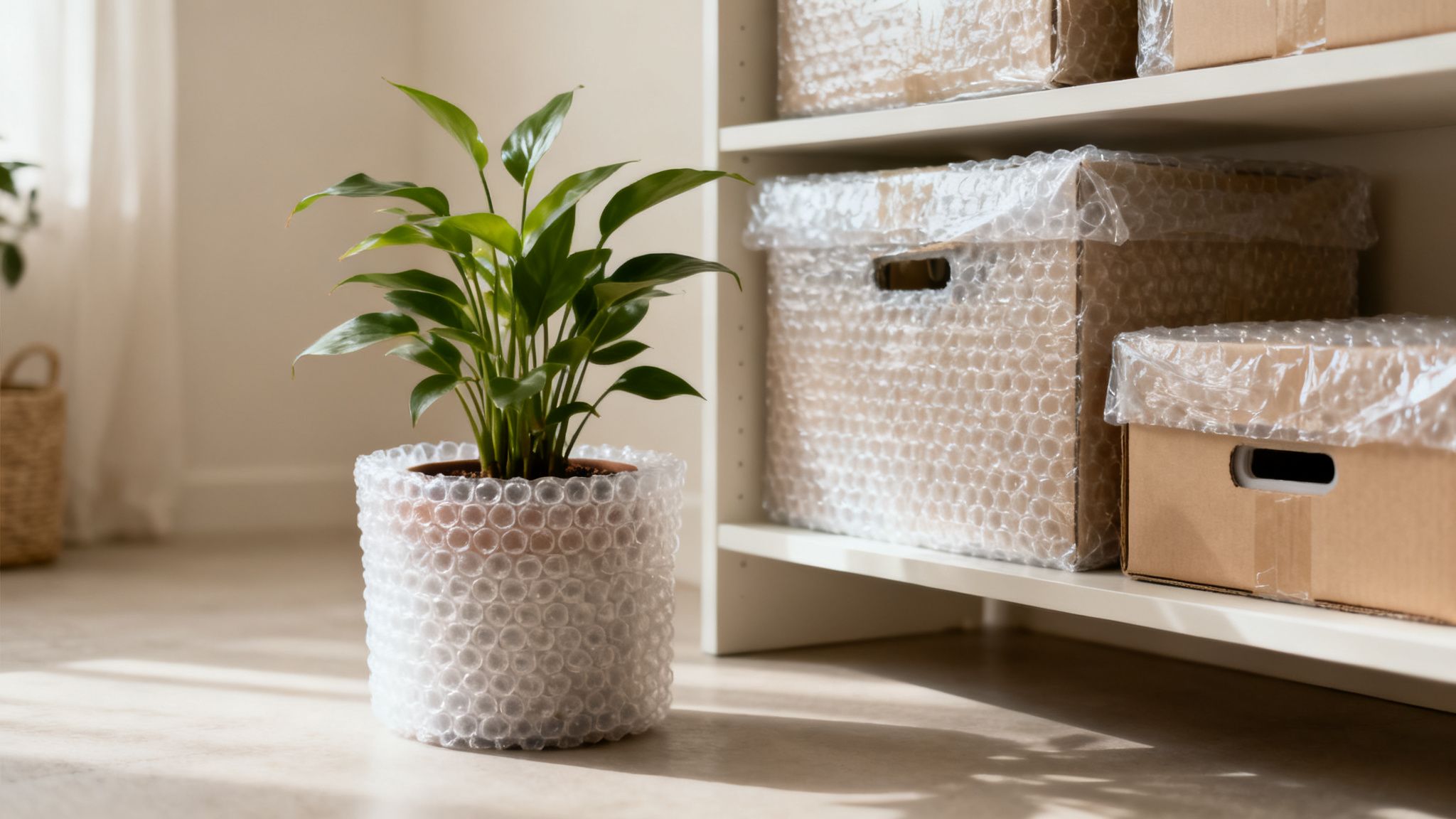 A green potted plant wrapped in bubble wrap sits on the floor beside shelves with packed boxes.