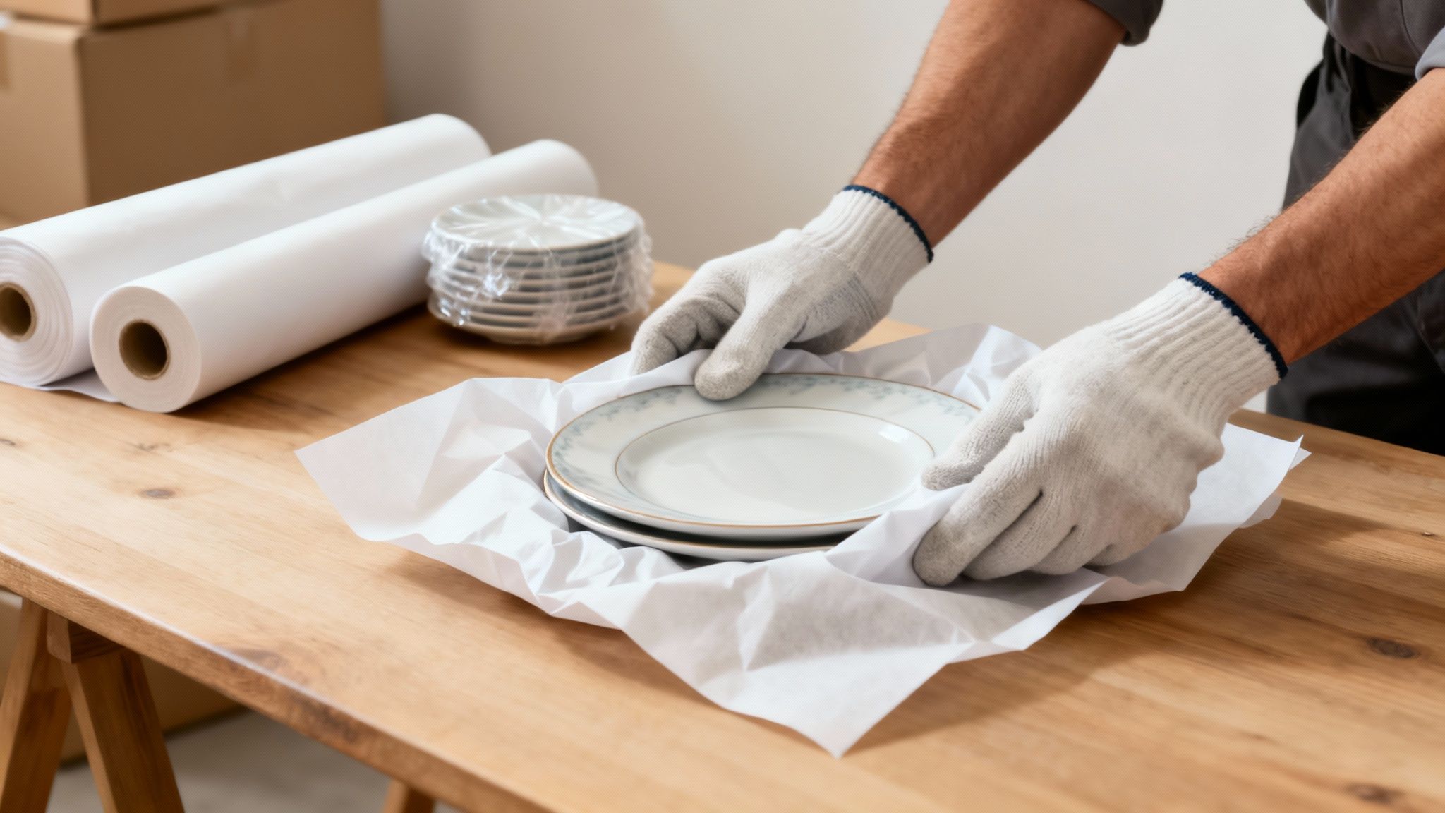 A person wearing white gloves carefully wraps delicate plates with packing paper on a wooden table.