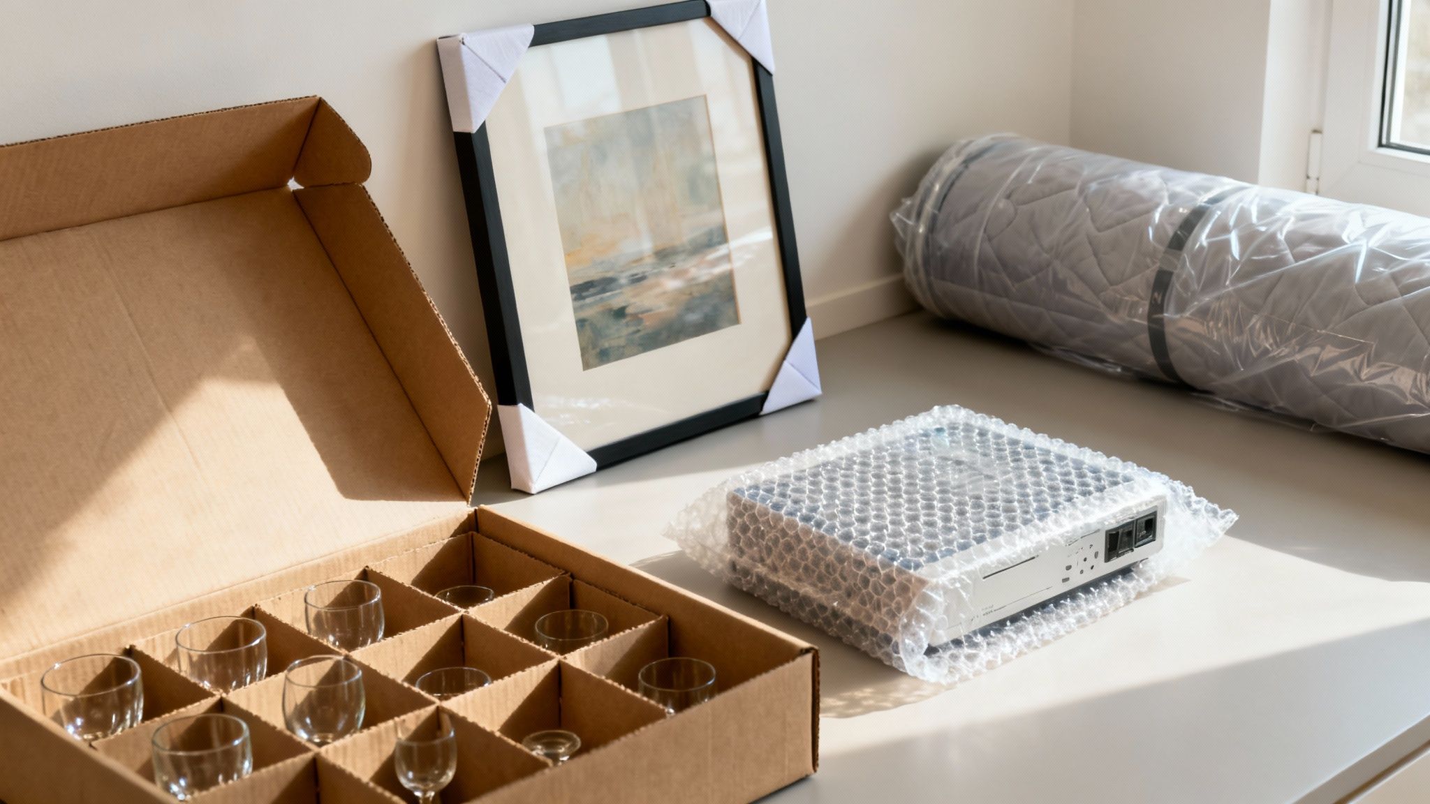 Various household items are packed for moving, including a box of glasses, a picture, and a device.