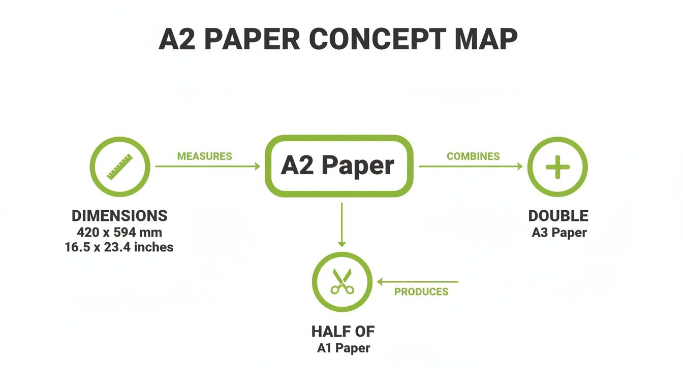 Concept map showing A2 paper dimensions (420x594mm) and its relation to A1 and A3 sizes.