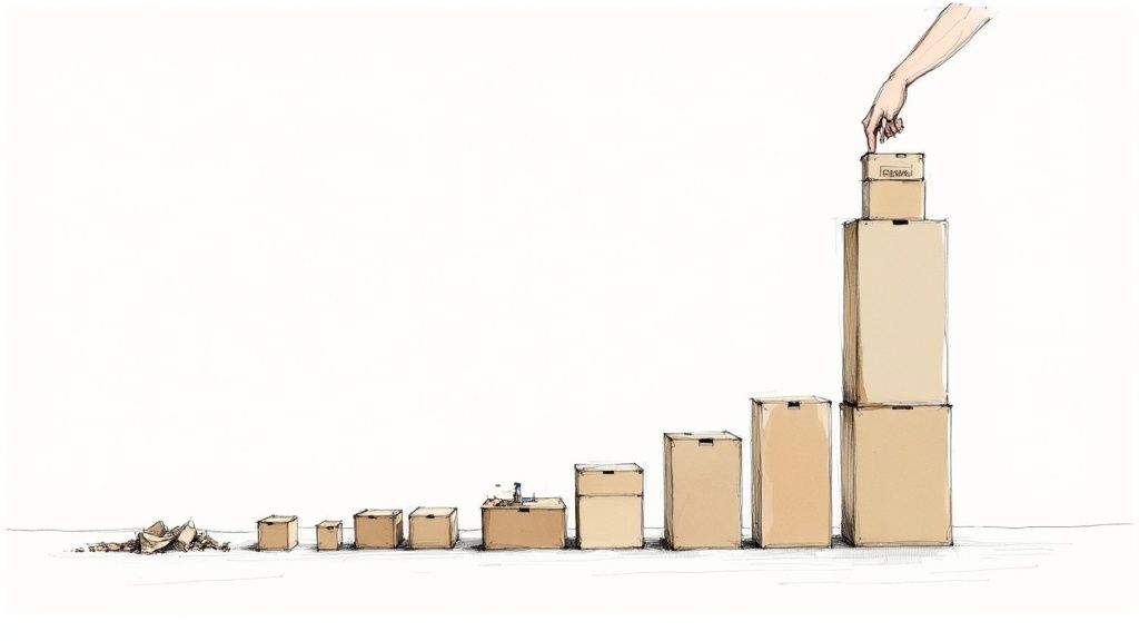 Person happily packing moving boxes in a well-lit room.