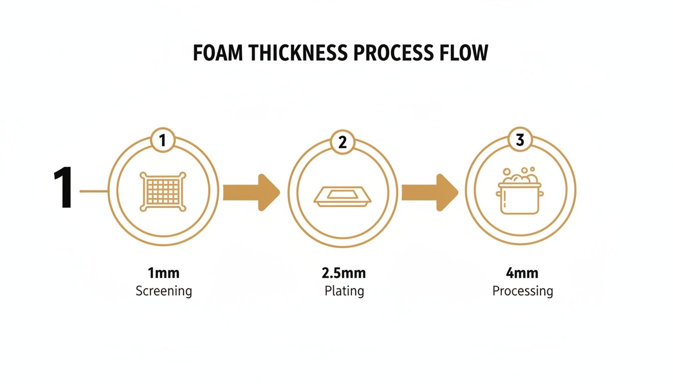 Process flow diagram showing three steps for foam thickness: 1mm screening, 2.5mm plating, and 4mm processing.
