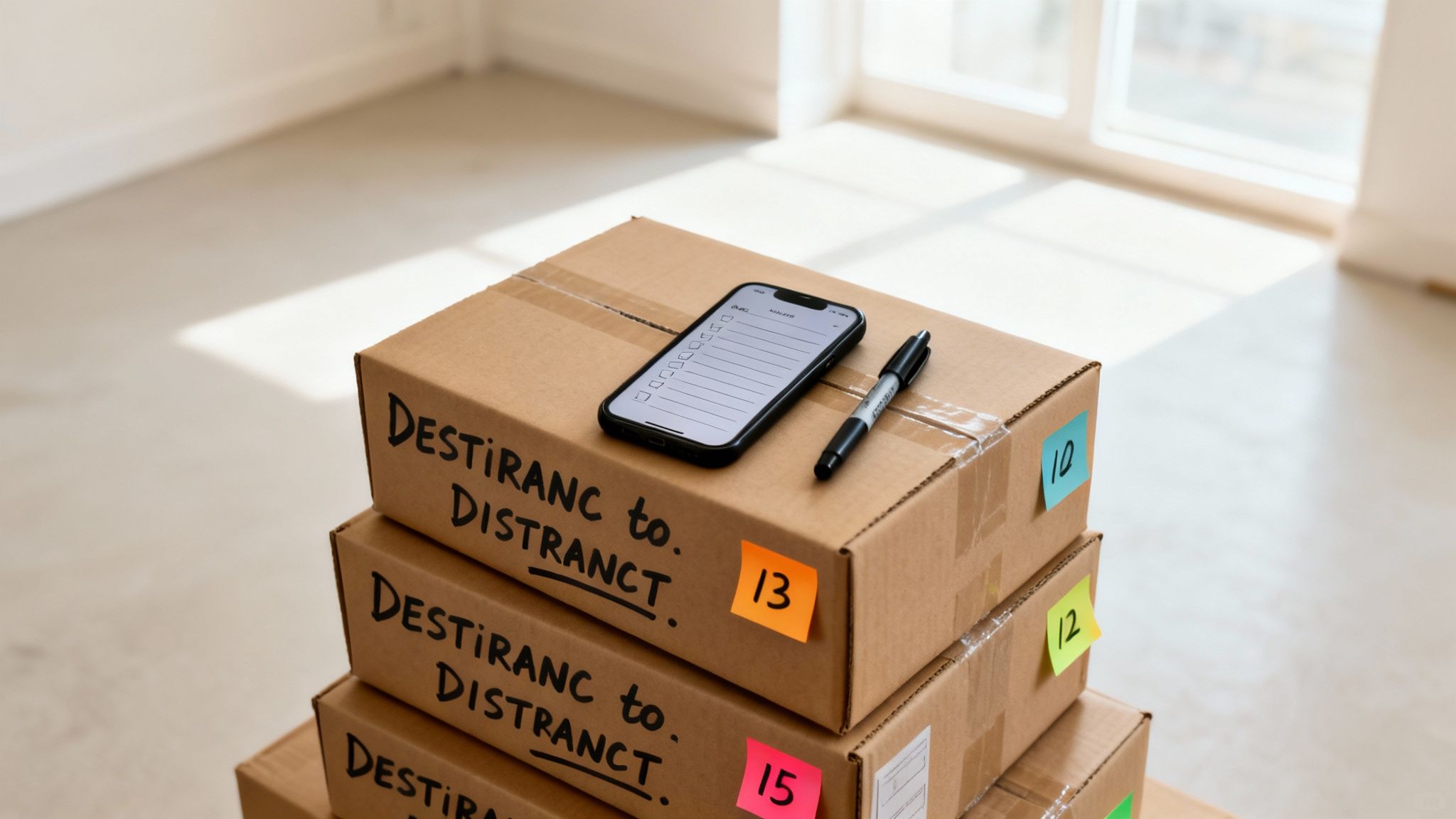 Stacked moving boxes with handwritten labels, numbered sticky notes, a smartphone checklist, and marker in a bright room.