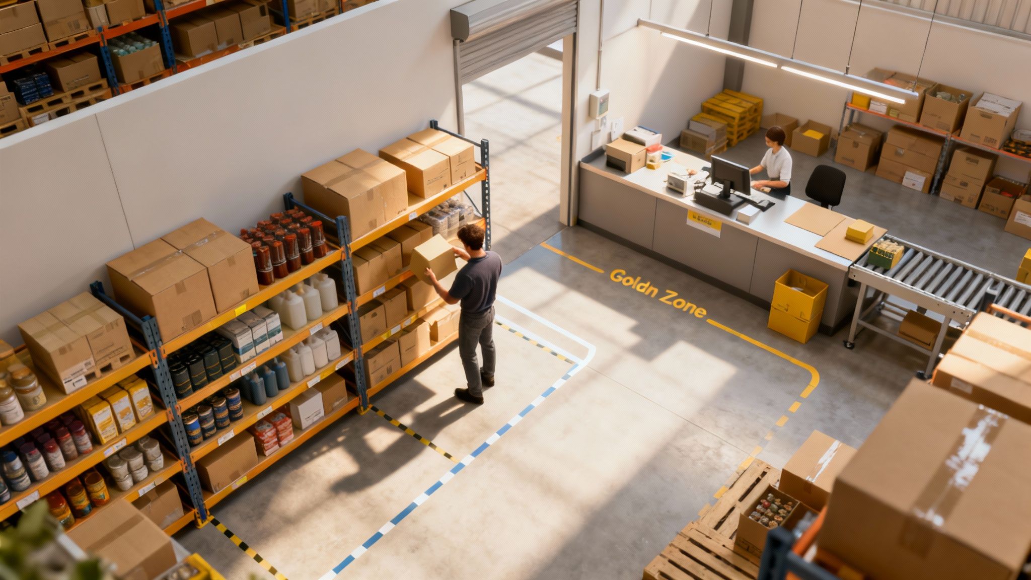 High-angle view of a modern warehouse showing workers, shelves, and a 'Golden Zone' for efficiency.