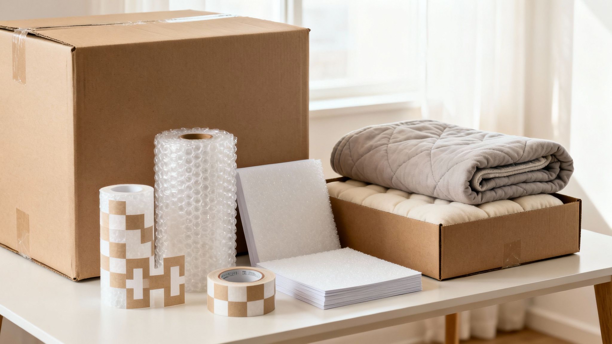 Moving supplies laid out on a table, including cardboard boxes, bubble wrap, tape, and blankets.
