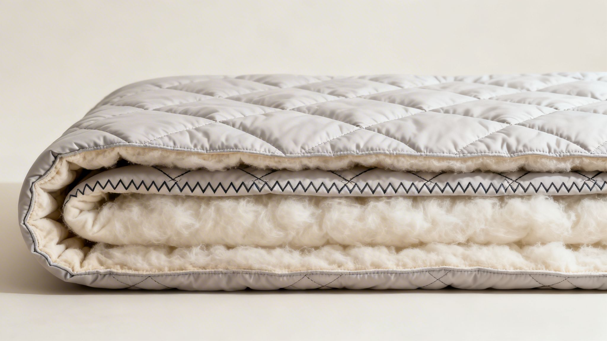 A folded light grey quilted blanket revealing a cross-section of fluffy insulation with zigzag stitching.