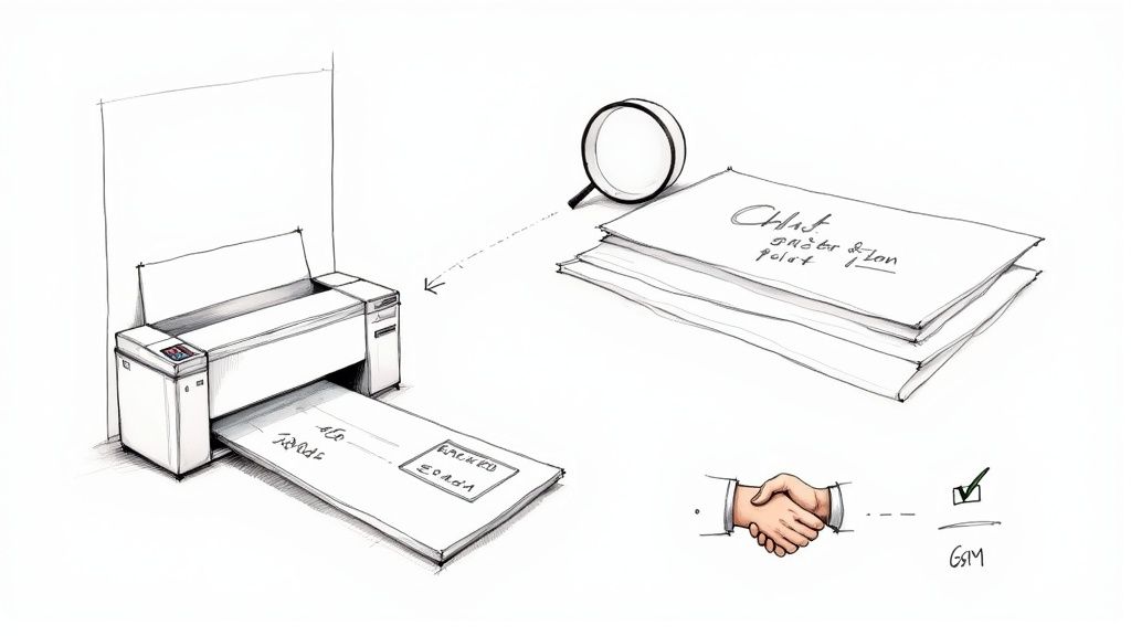 A technical sketch depicting a wide-format printer, stacked documents with a magnifying glass, and a handshake, illustrating a document review and printing process.