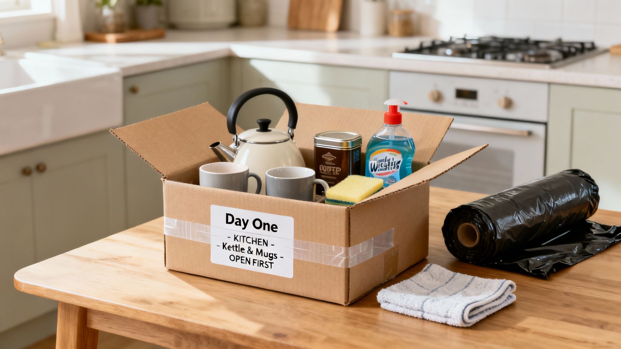 A moving box labeled 'Day One' in a kitchen, filled with a kettle, mugs, coffee, and cleaning supplies.