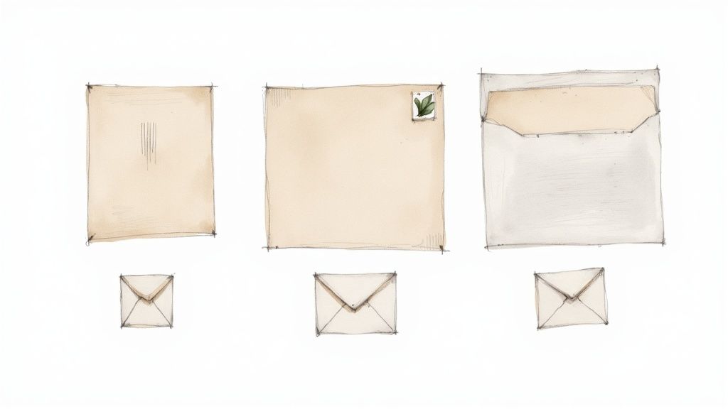 Watercolor illustration showing three envelopes with letters and three A6 size envelope backs