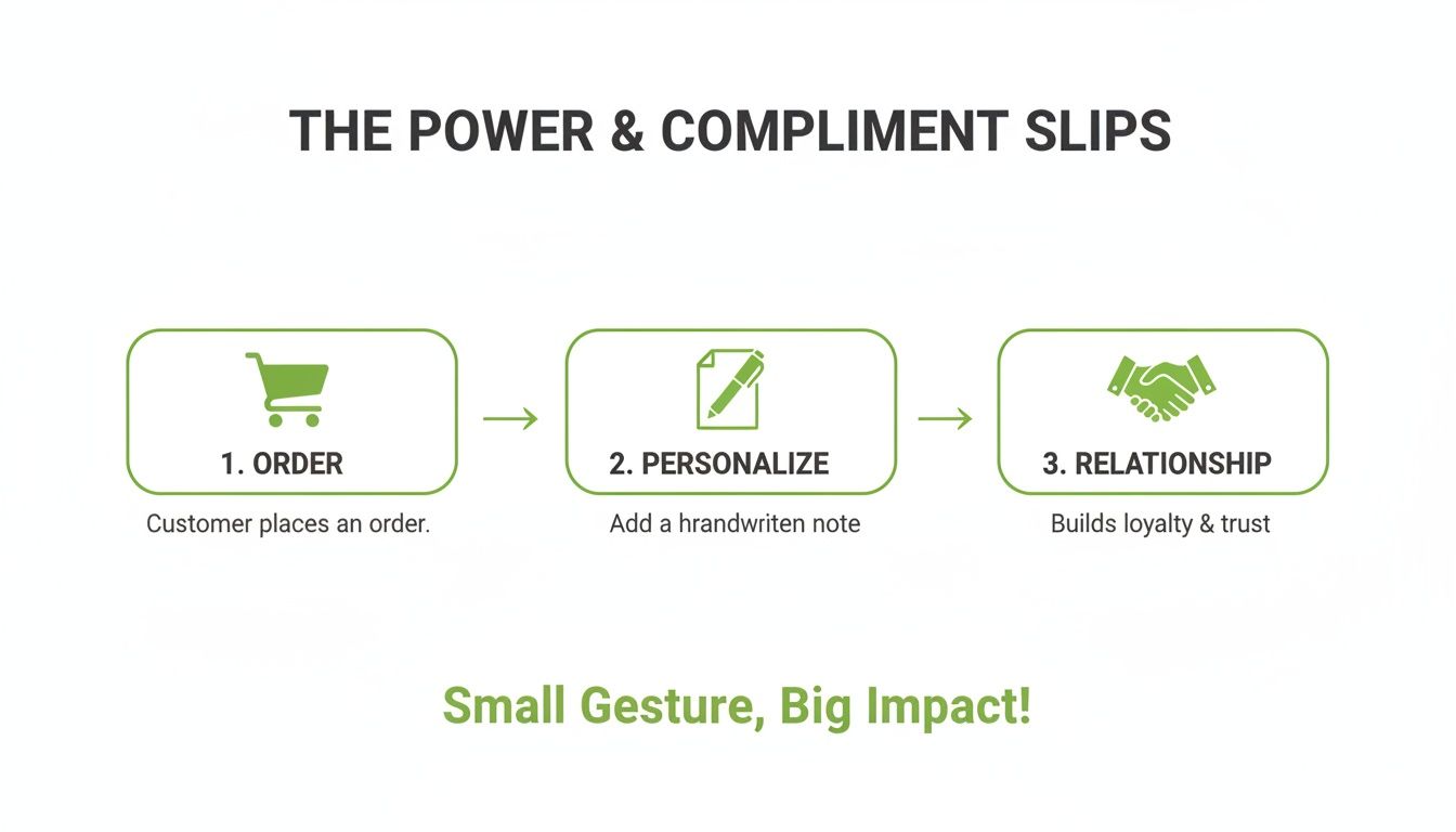 Diagram illustrating the three-step process of using compliment slips to build customer relationships.
