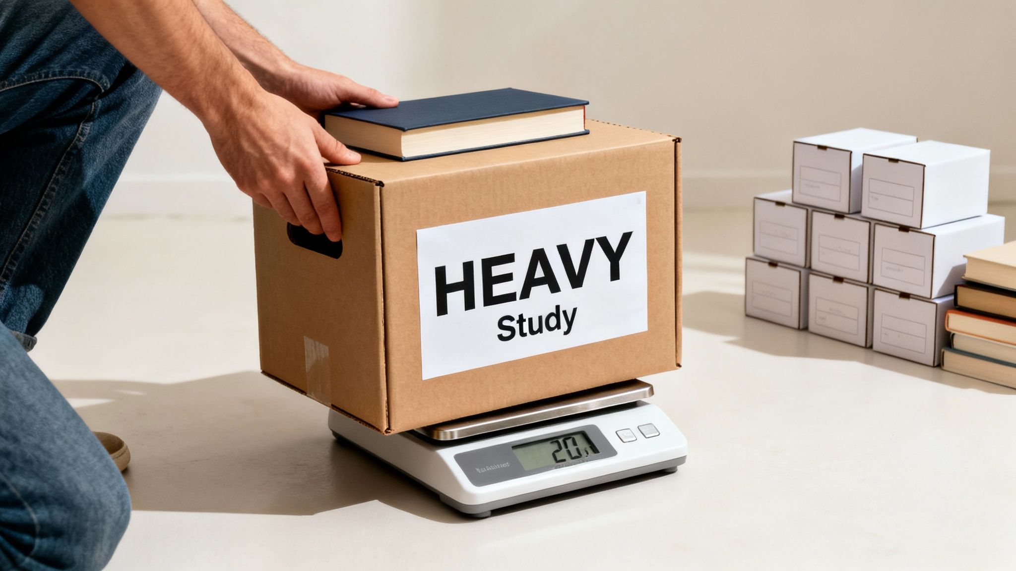 A person places a cardboard box labeled 'HEAVY Study' with a book on a digital scale.