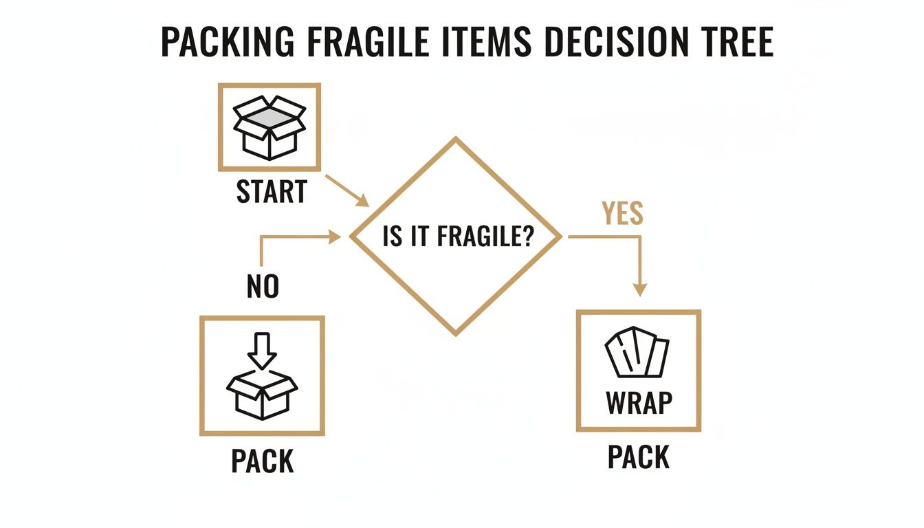 A packing fragile items decision tree flowchart guiding users on whether to wrap before packing.