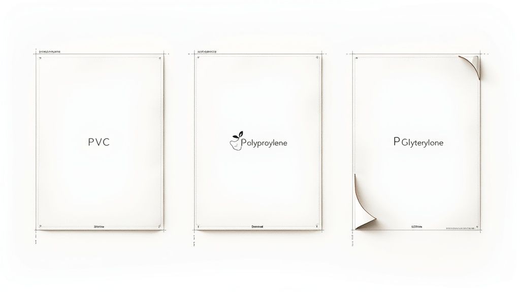 Three white plastic sheet designs labeled PVC, Polypropylene, and P Glyterylone, with curled corners.