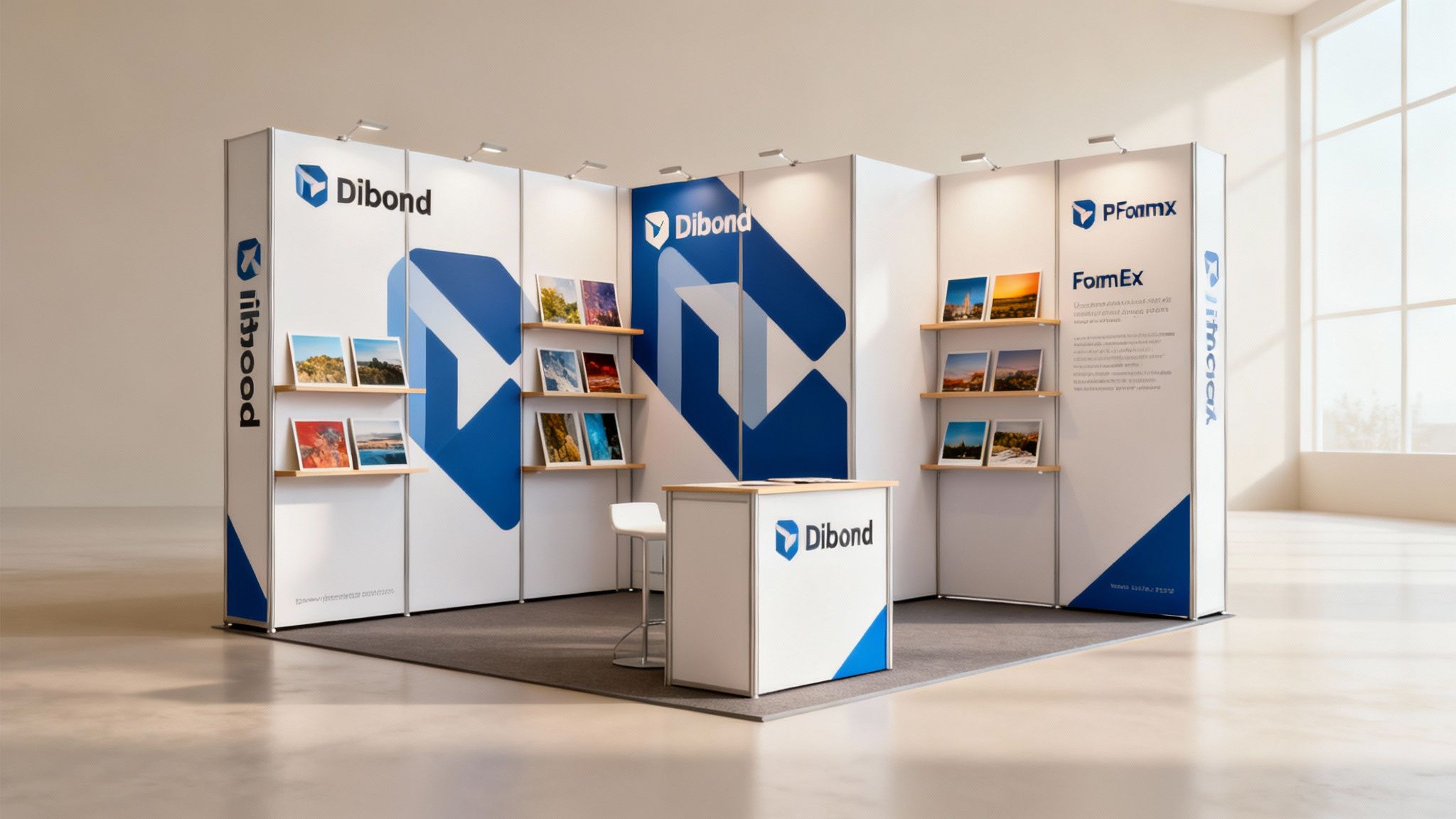 A modern trade show booth displaying Dibond and FormEx branding, with shelves showcasing various images and a reception desk.