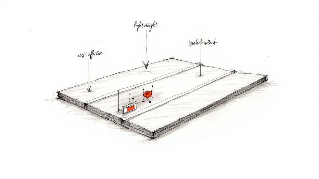 A sketch showing a flat surface with a red robot and a sign, annotated as cost-effective, lightweight, and useful-robust.
