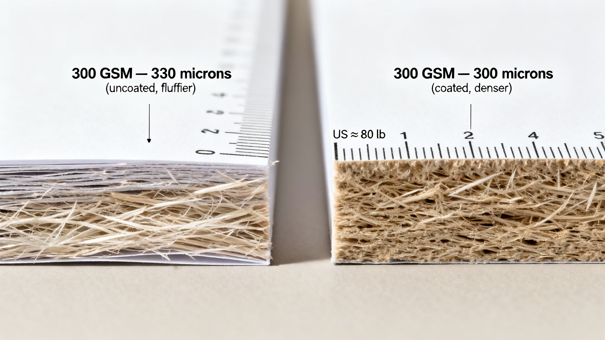 Side-by-side comparison of two 300 GSM paper stocks, showing different thicknesses due to coating and density.
