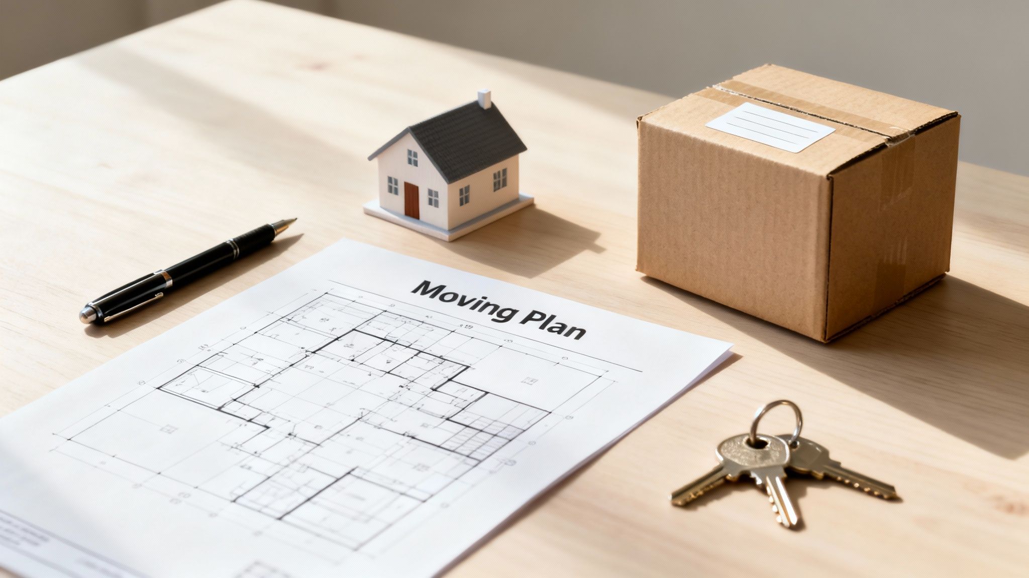 A desk with a moving plan, house model, keys, pen, and cardboard box, symbolizing relocation.