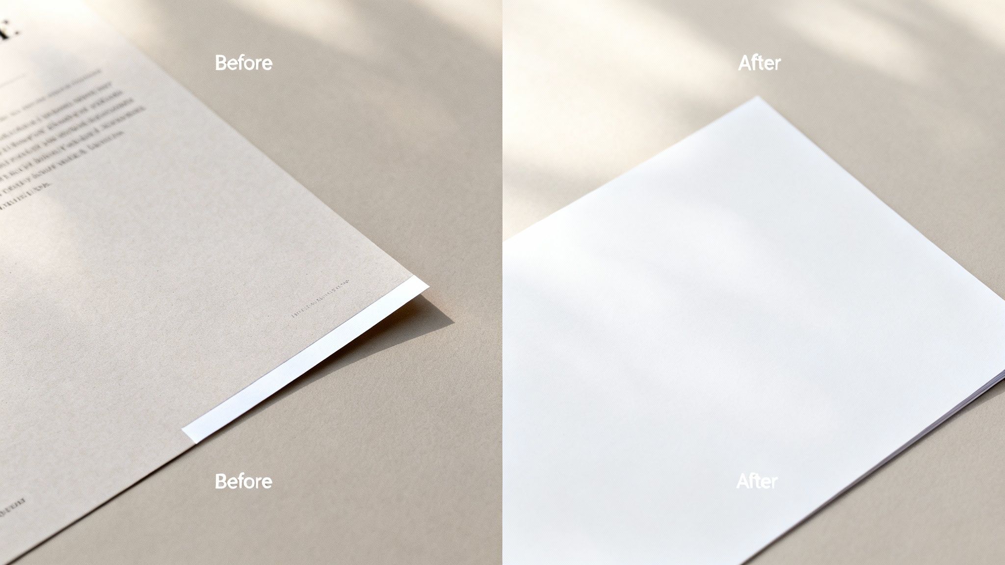 Comparison of a document showing printing bleed before trimming and the final clean white paper after.