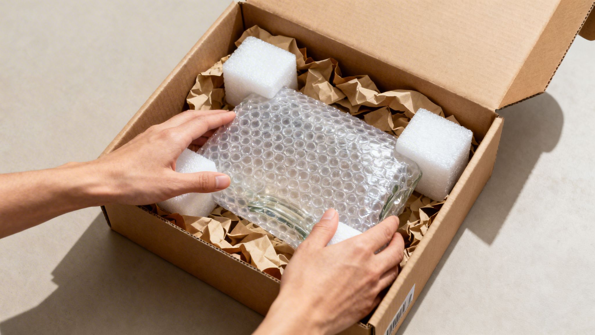 Hands carefully packing a fragile, bubble-wrapped glass item into a brown cardboard box with cushioning.