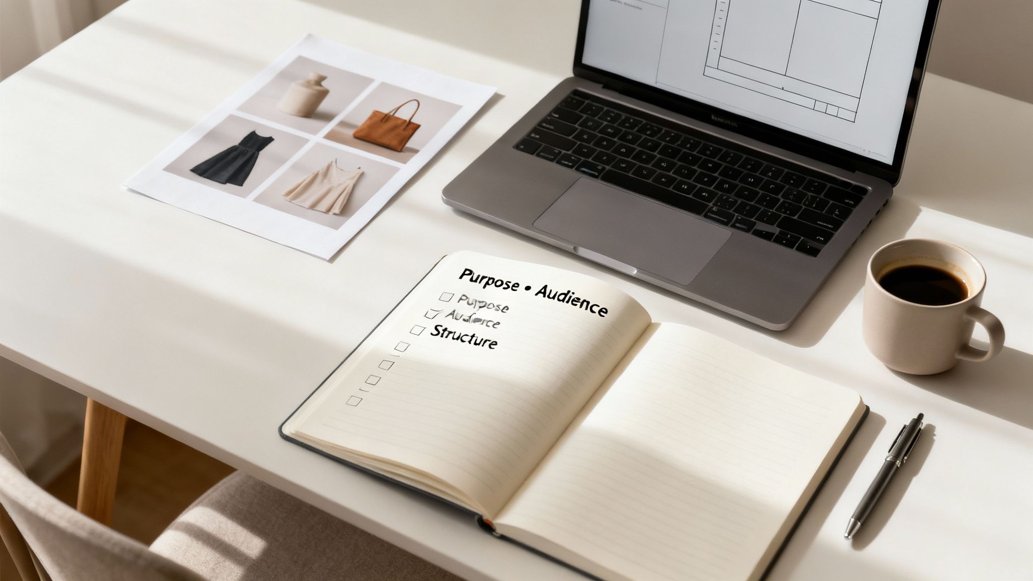 Overhead shot of a bright workspace with a laptop, coffee, and catalogue planning materials.